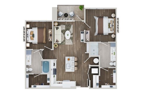 Floor plan for 2 beds, 2 baths, 1100 sqft